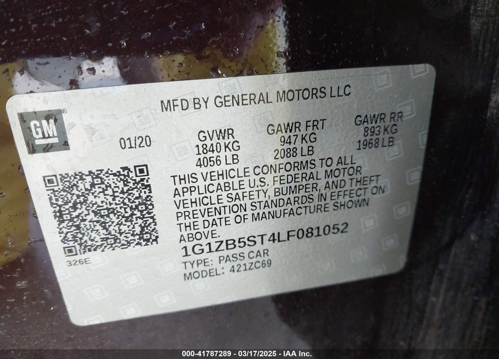 2020 CHEVROLET MALIBU VIN: 1G1ZB5ST4LF081052