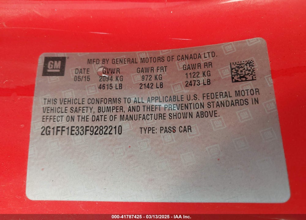 2015 CHEVROLET CAMARO VIN: 2G1FF1E33F9282210