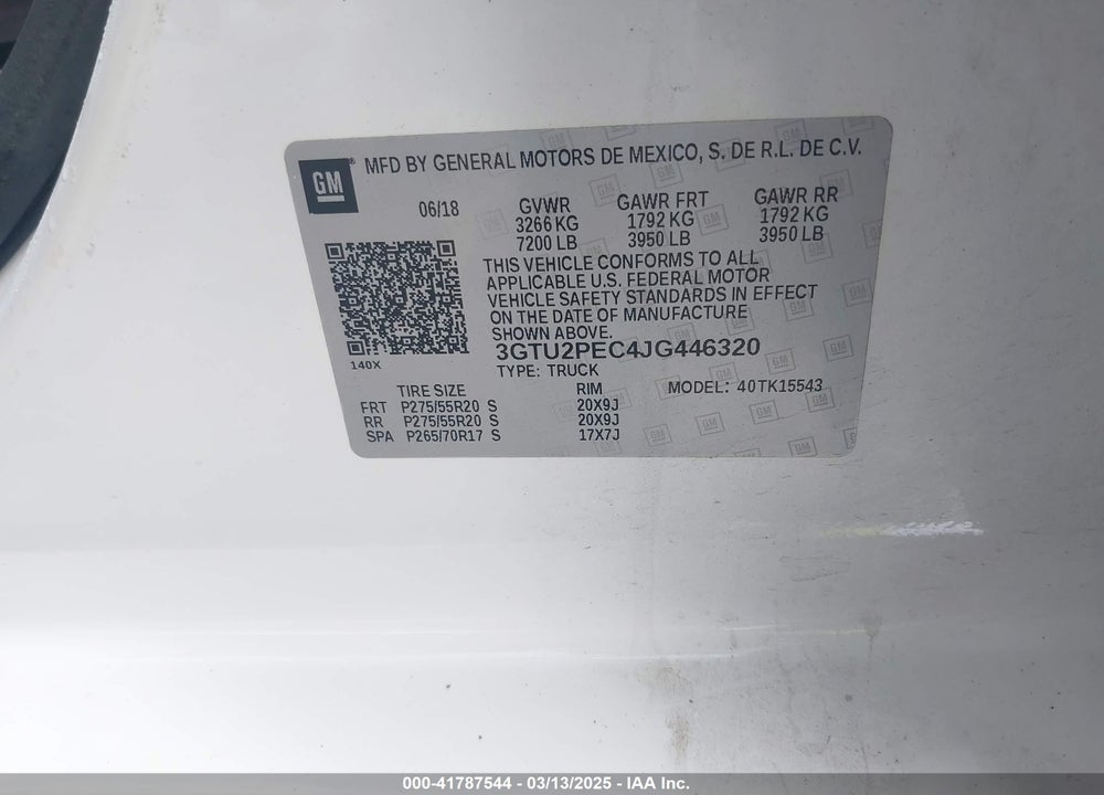 2018 GMC SIERRA 1500 VIN: 3GTU2PEC4JG446320
