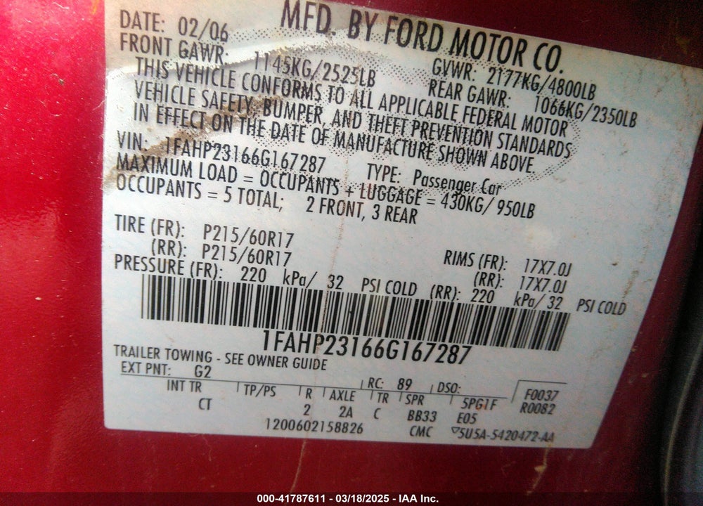 2006 FORD FIVE HUNDRED VIN: 1FAHP23166G167287