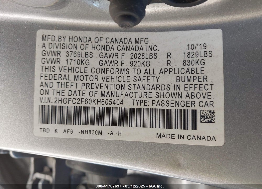 2019 HONDA CIVIC LX VIN: 2HGFC2F60KH605404