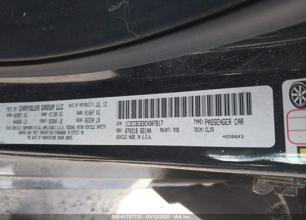 2012 CHRYSLER 200 VIN: 1C3CCBCB3CN307817