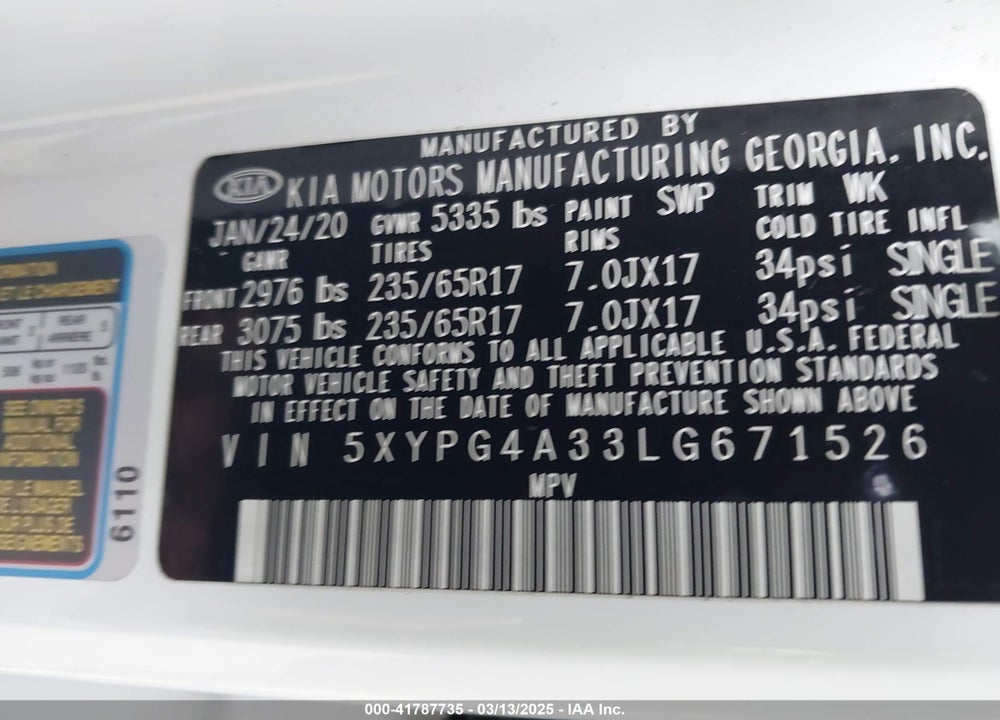 2020 KIA SORENTO 2.4L L VIN: 5XYPG4A33LG671526
