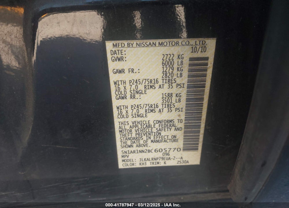 2011 NISSAN PATHFINDER VIN: 5N1AR1NN2BC605770
