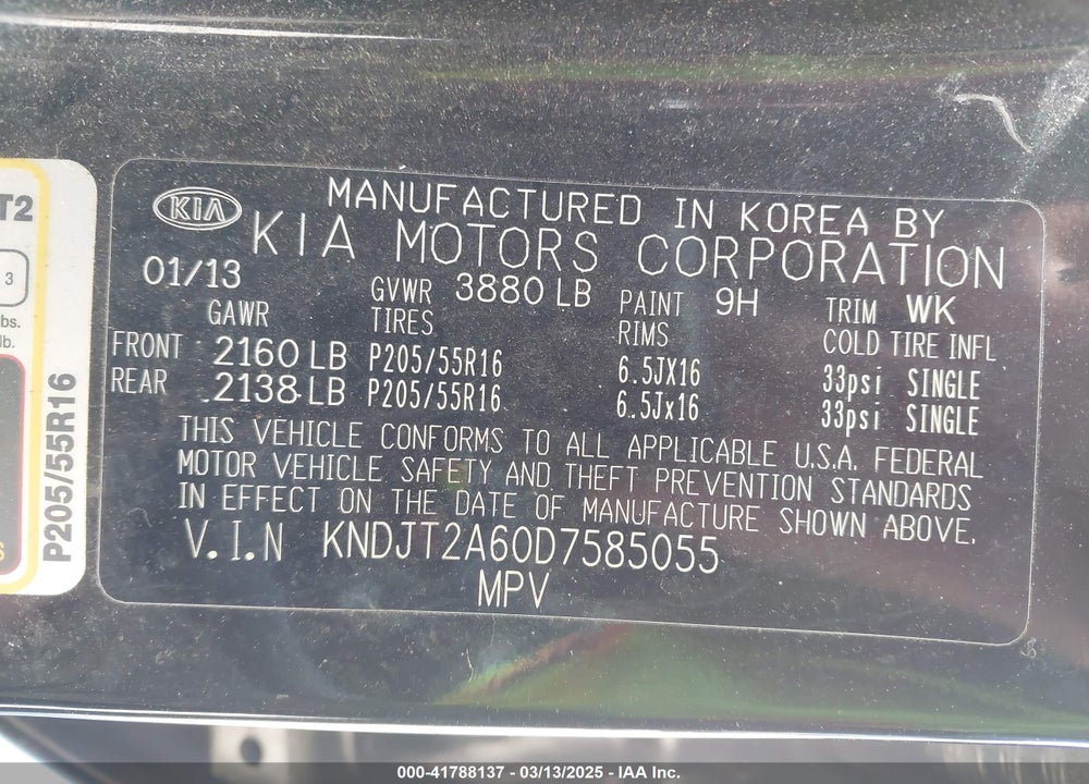 2013 KIA SOUL VIN: KNDJT2A60D7585055
