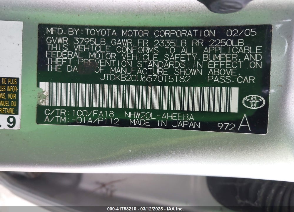 2005 TOYOTA PRIUS VIN: JTDKB20U657015182