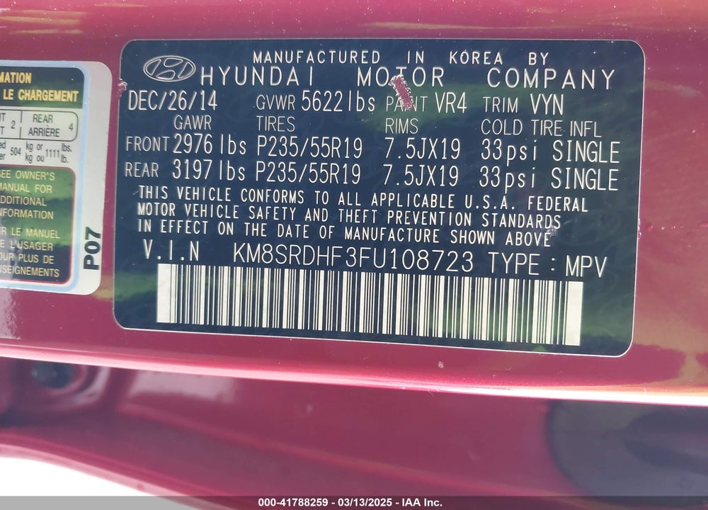 2015 HYUNDAI SANTA FE VIN: KM8SRDHF3FU108723