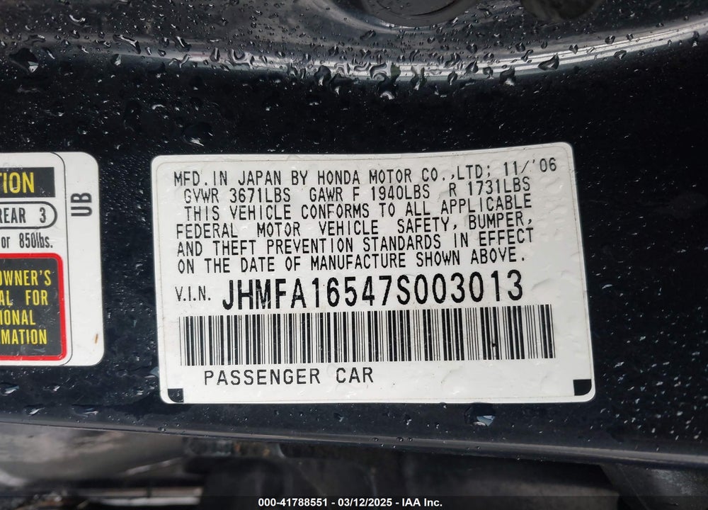 2007 HONDA CIVIC VIN: JHMFA16547S003013