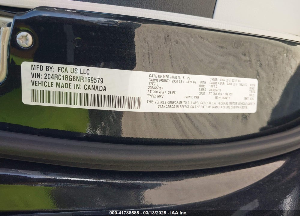 2022 CHRYSLER PACIFICA TOURING L VIN: 2C4RC1BG8NR169579