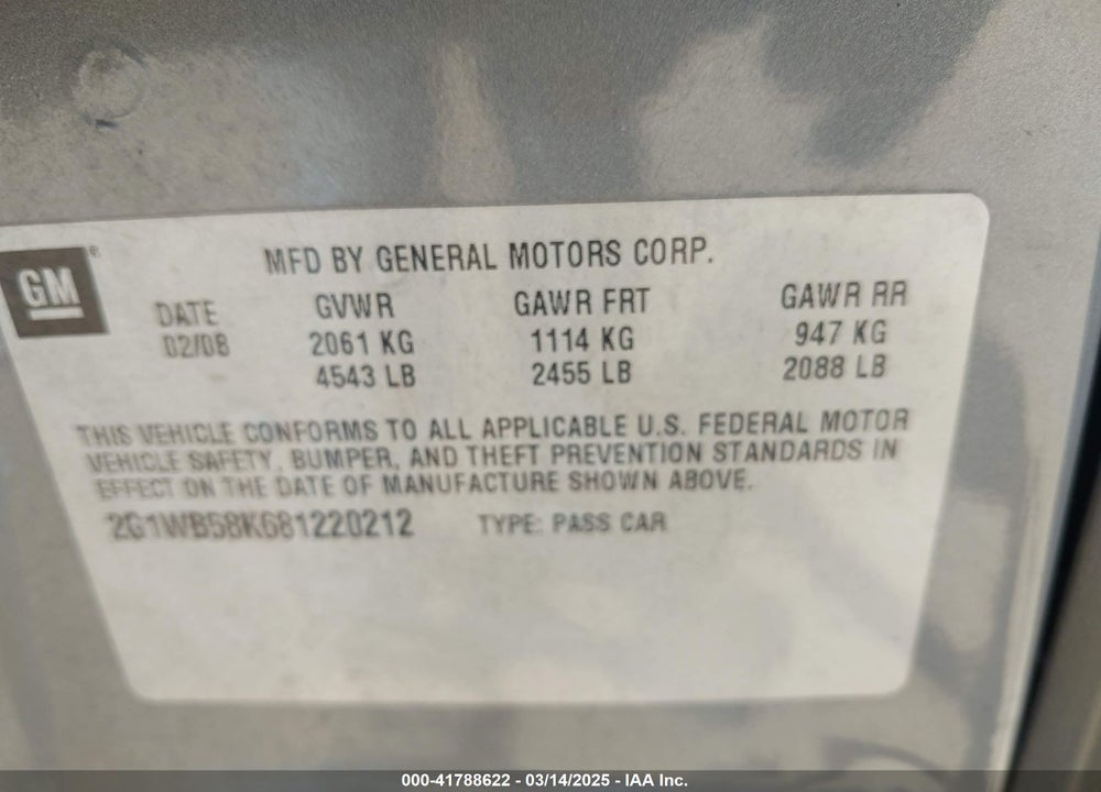 2008 CHEVROLET IMPALA LS VIN: 2G1WB58K681220212