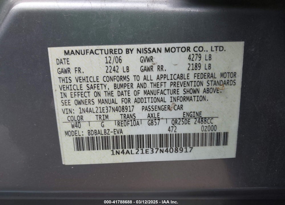 2007 NISSAN ALTIMA VIN: 1N4AL21E37N408917