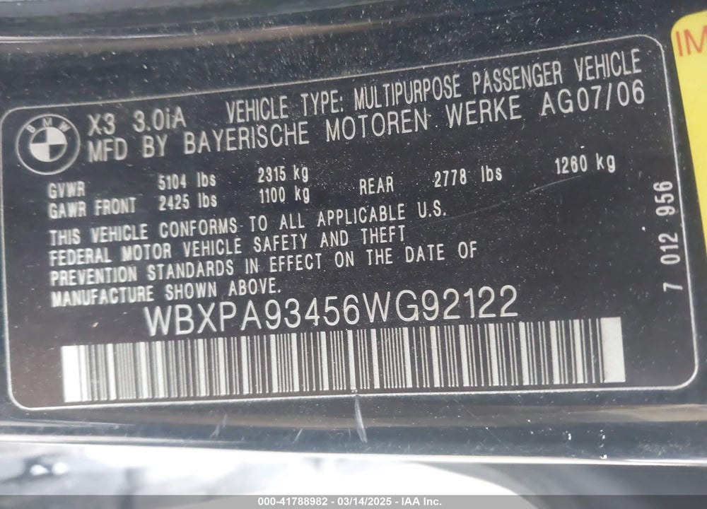 2006 BMW X3 VIN: WBXPA93456WG92122
