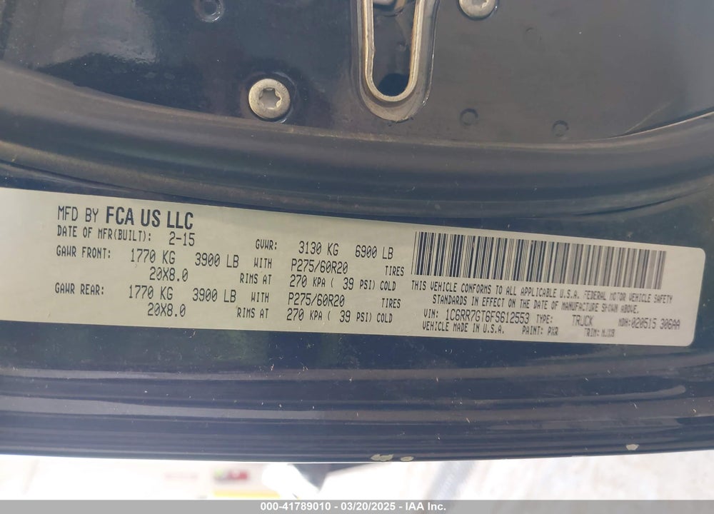 2015 RAM 1500 VIN: 1C6RR7GT6FS612553