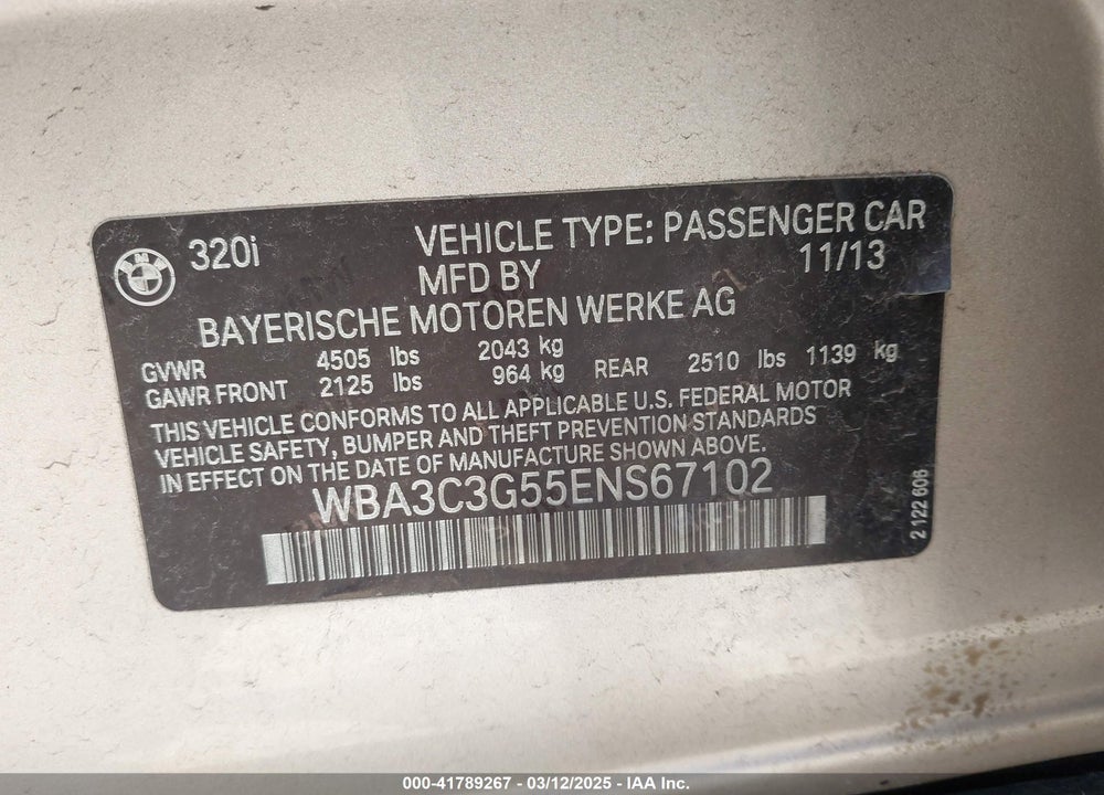 2014 BMW 320I VIN: WBA3C3G55ENS67102