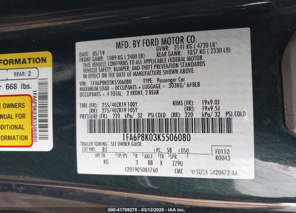 2019 FORD MUSTANG BULLITT VIN: 1FA6P8K03K5506080