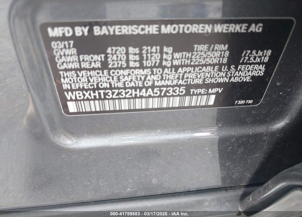 2017 BMW X1 VIN: WBXHT3Z32H4A57335