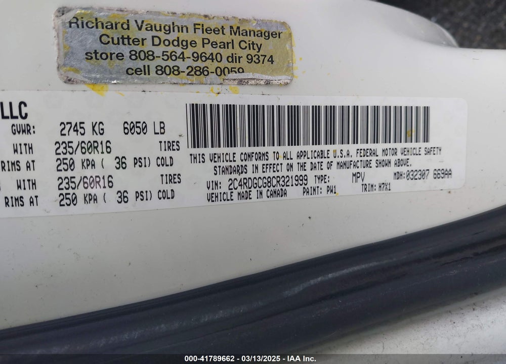 2012 DODGE GRAND CARAVAN VIN: 2C4RDGCG8CR321999