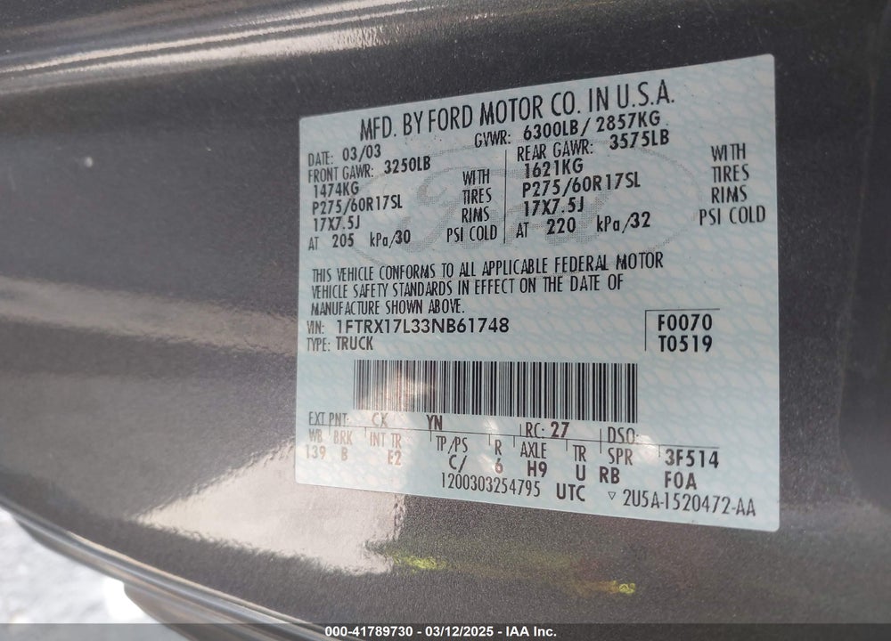 2003 FORD F-150 VIN: 1FTRX17L33NB61748