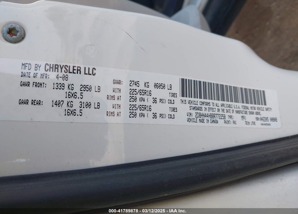 2008 DODGE GRAND CARAVAN VIN: 2D8HN44H88R772258
