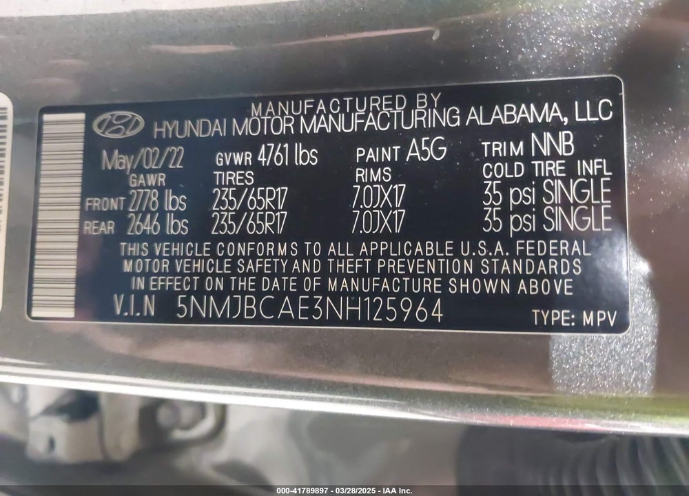 2022 HYUNDAI TUCSON VIN: 5NMJBCAE3NH125964