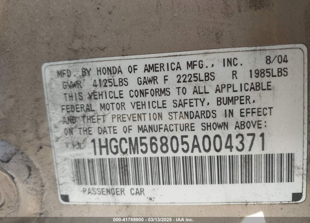 2005 HONDA ACCORD 2.4 EX VIN: 1HGCM56805A004371