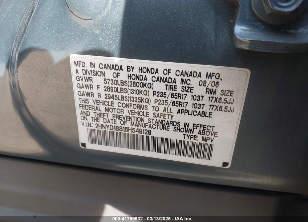 2006 ACURA MDX VIN: 2HNYD18816H549129