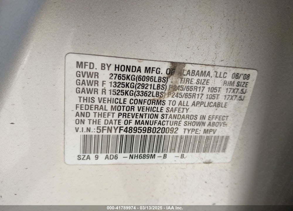 2009 HONDA PILOT TOURING VIN: 5FNYF48959B020092