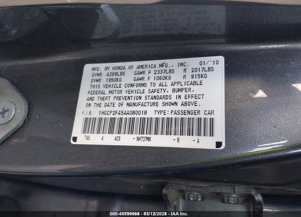 2010 HONDA ACCORD 2.4 LX-P VIN: 1HGCP2F45AA080018
