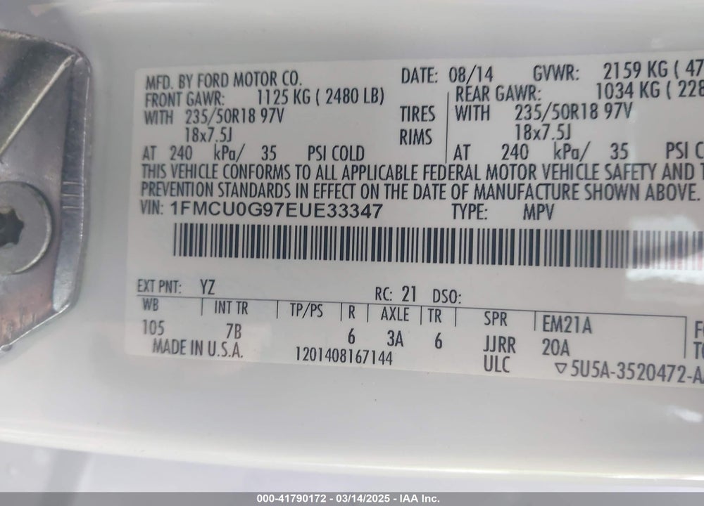 2014 FORD ESCAPE VIN: 1FMCU0G97EUE33347