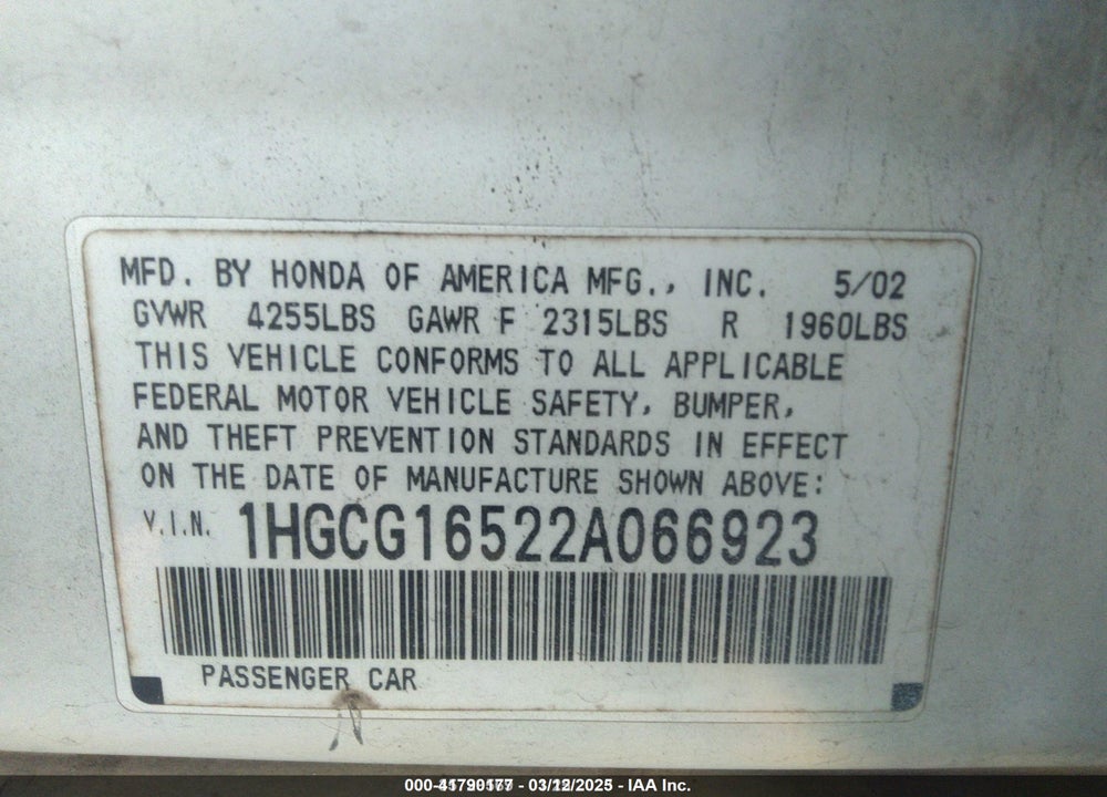 2002 HONDA ACCORD SDN EX W/LEATHER VIN: 1HGCG16522A066923