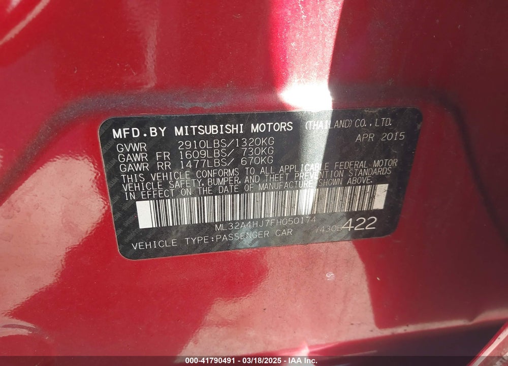 2015 MITSUBISHI MIRAGE VIN: ML32A4HJ7FH050174