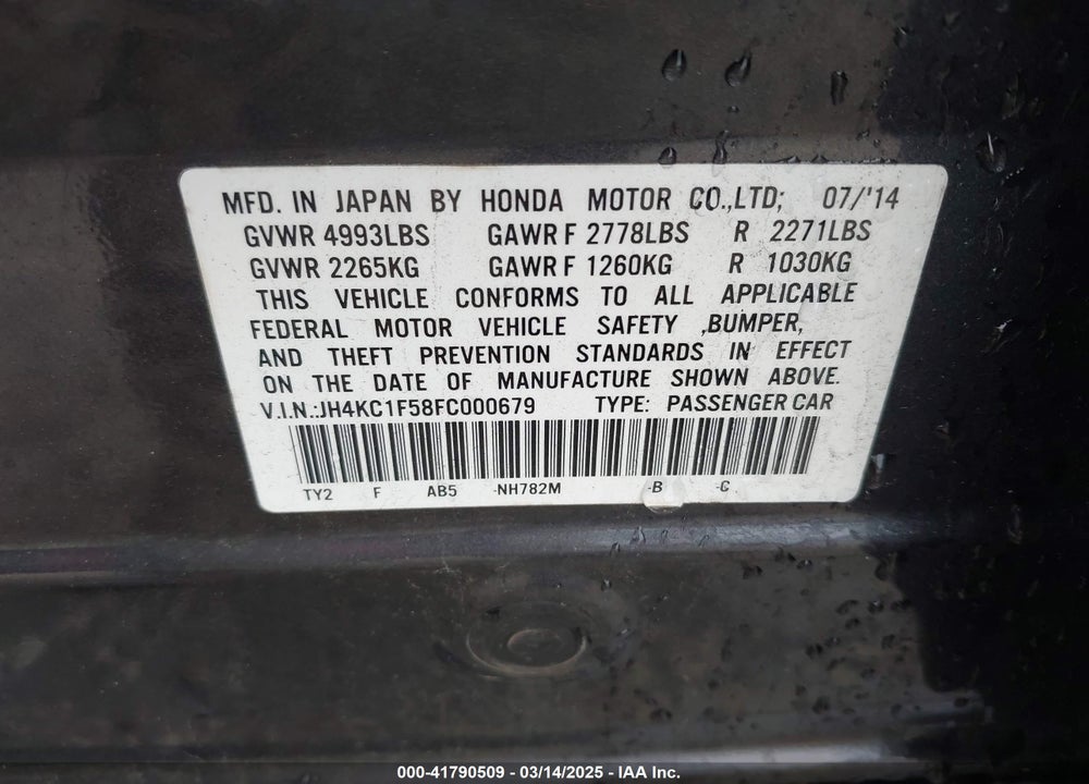 2015 ACURA RLX VIN: JH4KC1F58FC000679
