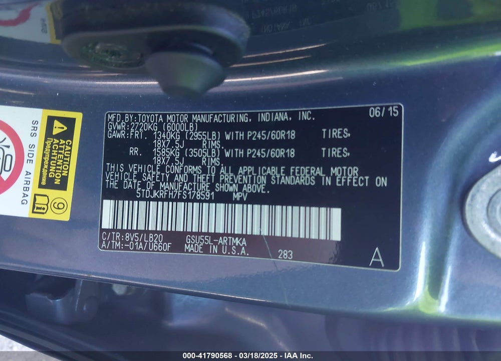 2015 TOYOTA HIGHLANDER VIN: 5TDJKRFH7FS178591