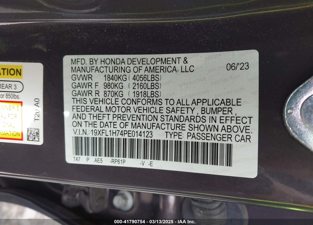 2023 HONDA CIVIC VIN: 19XFL1H74PE014123