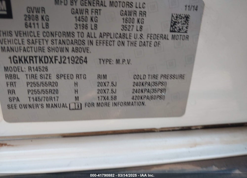 2015 GMC ACADIA DENALI VIN: 1GKKRTKDXFJ219264
