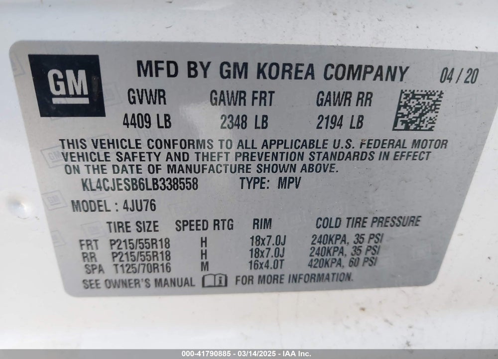 2020 BUICK ENCORE AWD PREFERRED VIN: KL4CJESB6LB338558