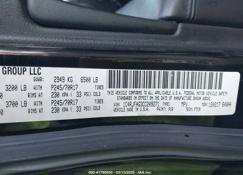 2012 JEEP GRAND CHEROKEE VIN: 1C4RJFAG3CC209271
