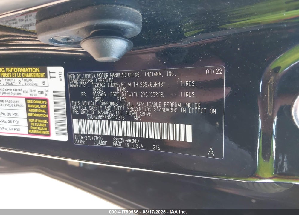 2022 TOYOTA HIGHLANDER VIN: 5TDHZRBH4NS567218