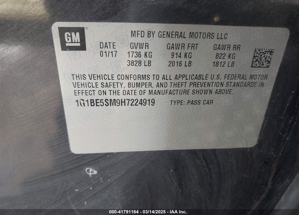 2017 CHEVROLET CRUZE VIN: 1G1BE5SM9H7224919