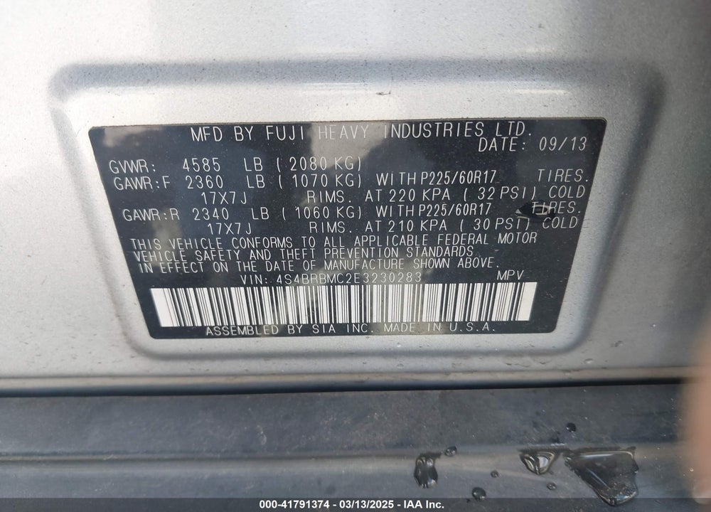 2014 SUBARU OUTBACK VIN: 4S4BRBMC2E3230283