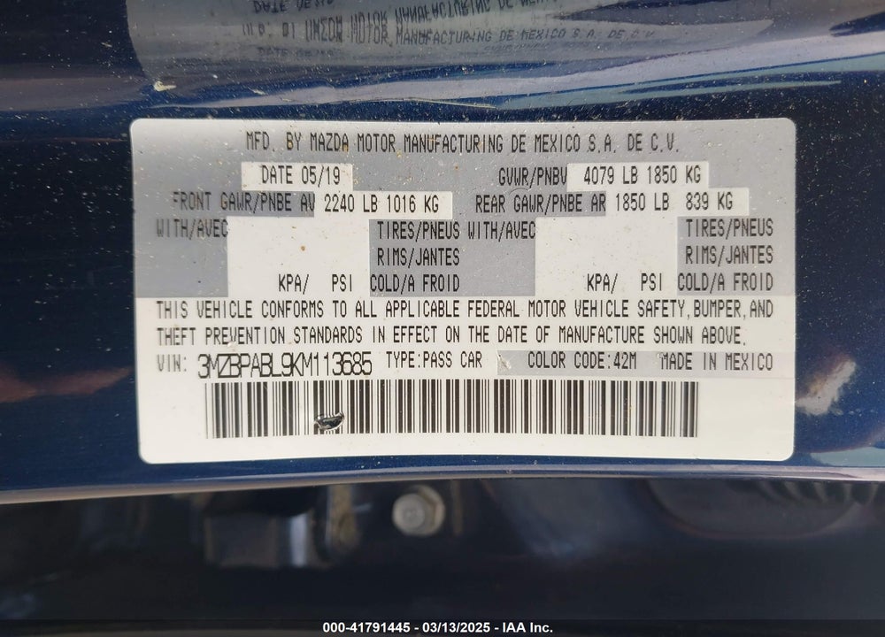 2019 MAZDA 3 VIN: 3MZBPABL9KM113685
