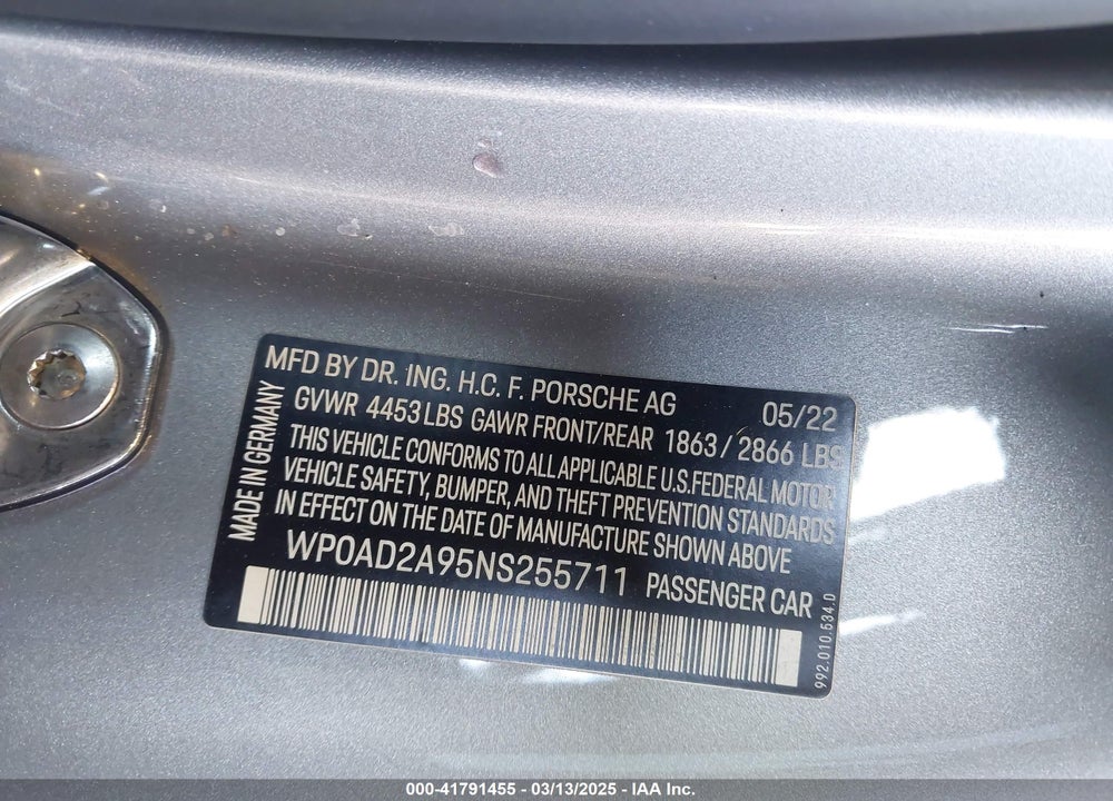 2022 PORSCHE 911 VIN: WP0AD2A95NS255711