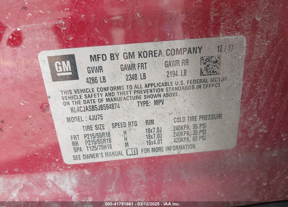 2018 BUICK ENCORE VIN: KL4CJASB5JB594874