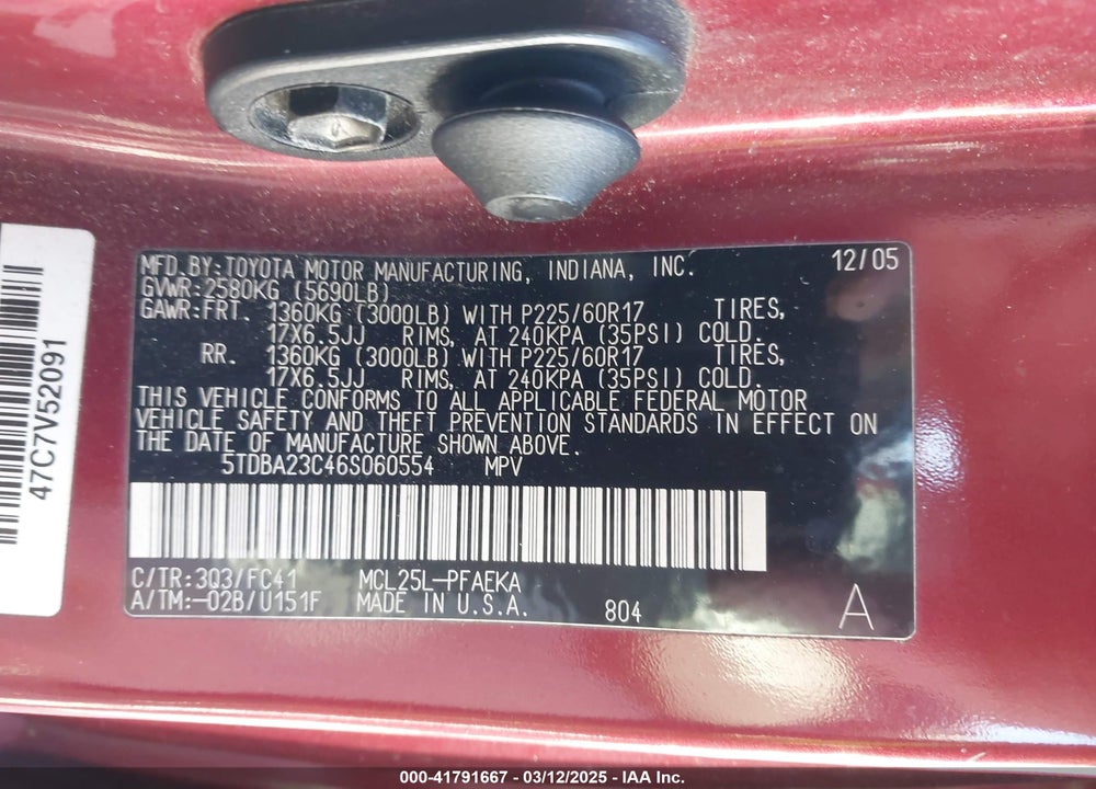 2006 TOYOTA SIENNA VIN: 5TDBA23C46S060554