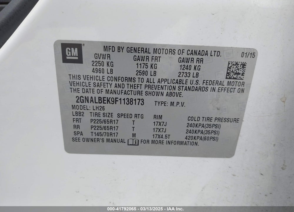 2015 CHEVROLET EQUINOX VIN: 2GNALBEK9F1138173