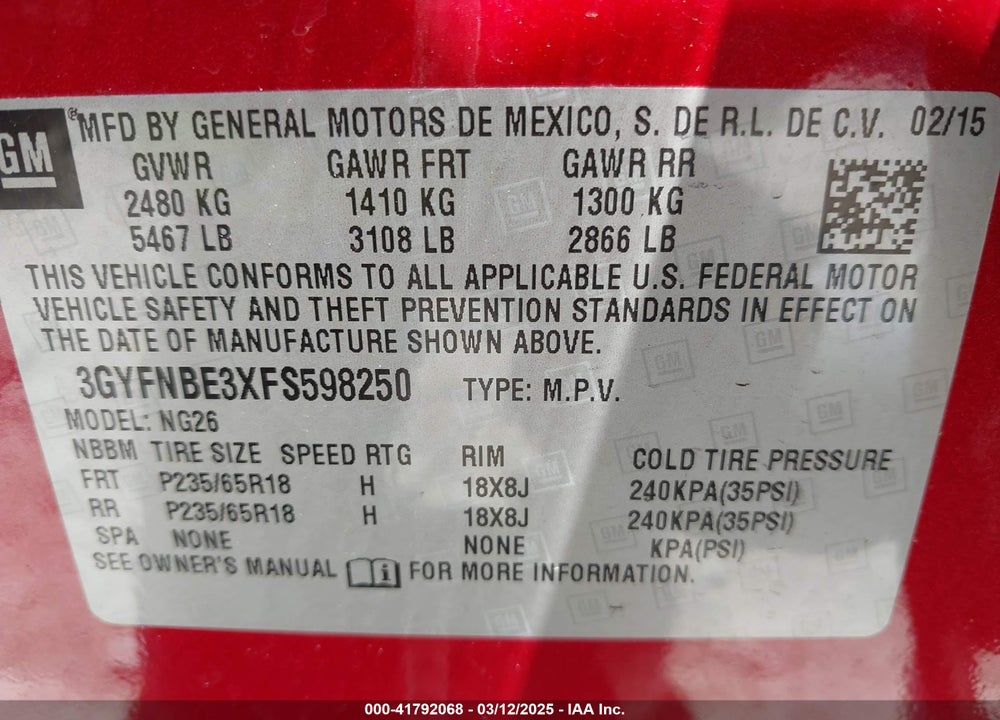 2015 CADILLAC SRX VIN: 3GYFNBE3XFS598250
