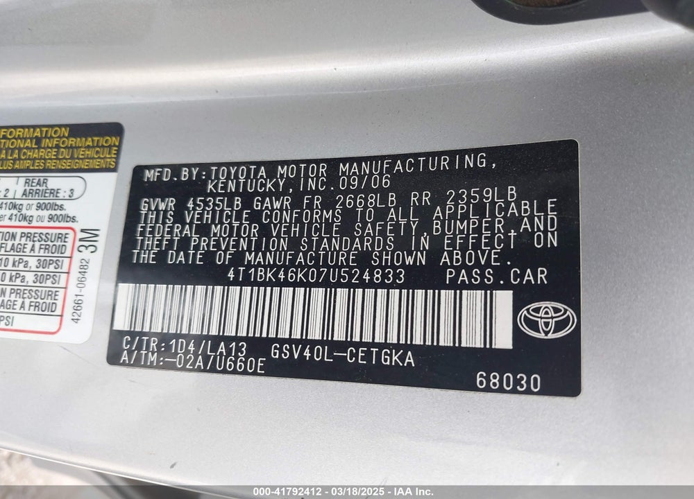 2007 TOYOTA CAMRY VIN: 4T1BK46K07U524833