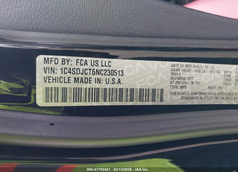 2022 DODGE DURANGO VIN: 1C4SDJCT6NC230513