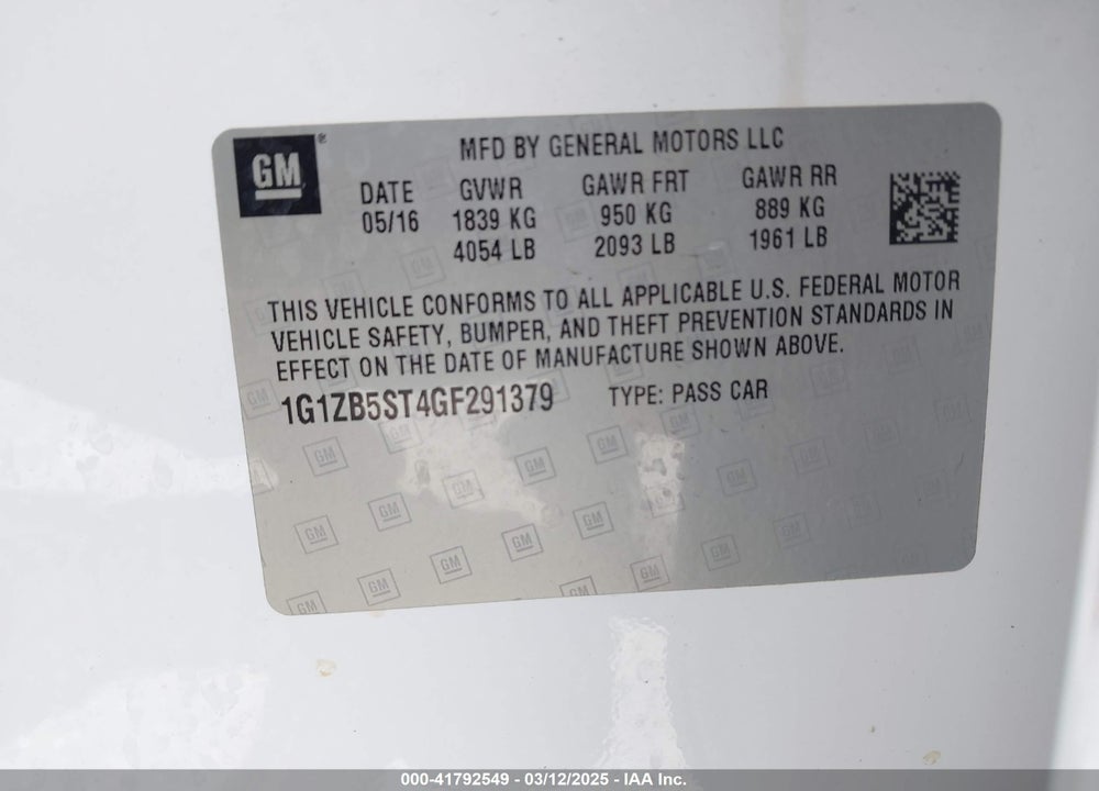 2016 CHEVROLET MALIBU VIN: 1G1ZB5ST4GF291379