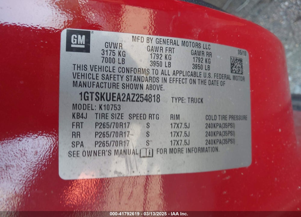 2010 GMC SIERRA 1500 VIN: 1GTSKUEA2AZ254818